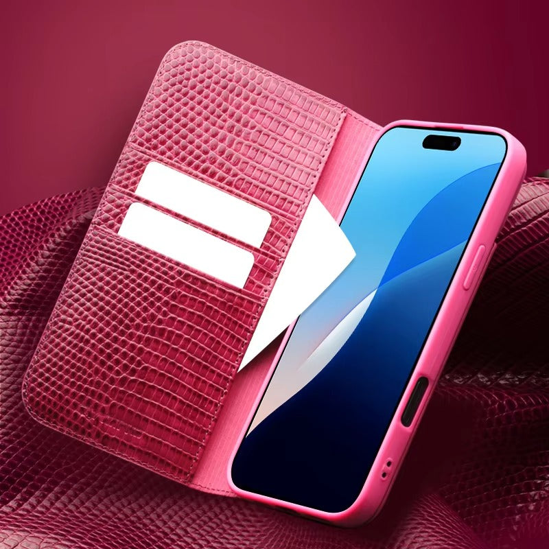 Premium iPhone Case Genuine Cowhide Leather Flip Cover Crocodile Grain Wallet Card Holder Magnetic Closure Shockproof Full Protection Slim Design