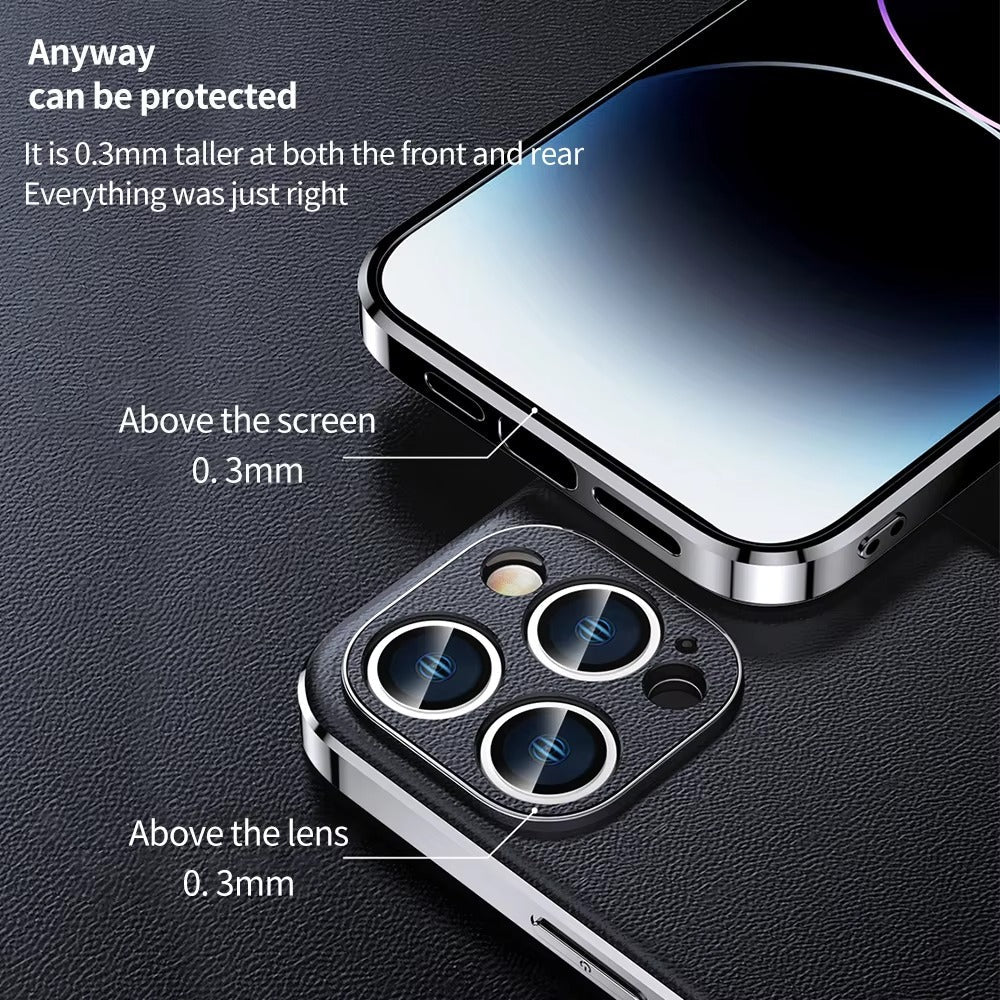 Premium iPhone Case Genuine Cowhide Leather Protective Cover Plating Frame Full Camera Lens Protection Shockproof TPU Edge Slim Durable Design
