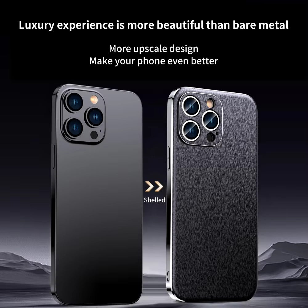 Premium iPhone Case Genuine Cowhide Leather Protective Cover Plating Frame Full Camera Lens Protection Shockproof TPU Edge Slim Durable Design