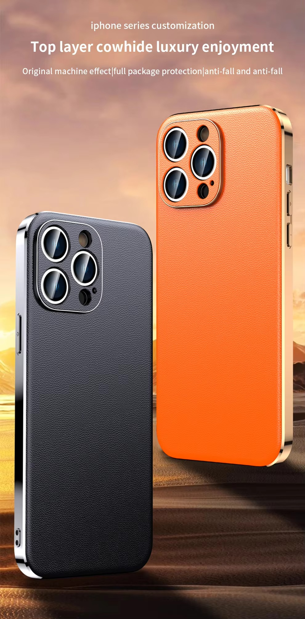 Premium iPhone Case Genuine Cowhide Leather Protective Cover Plating Frame Full Camera Lens Protection Shockproof TPU Edge Slim Durable Design