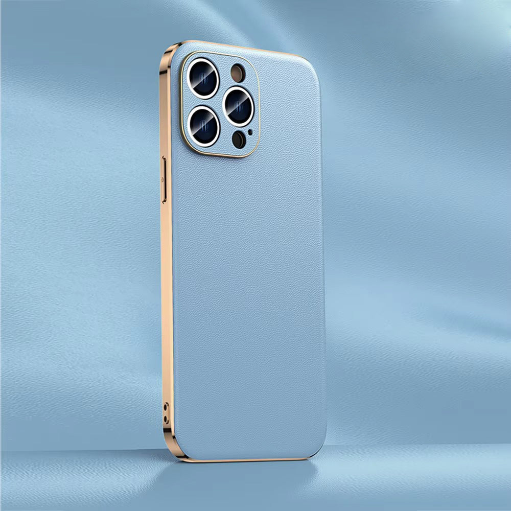 Premium iPhone Case Genuine Cowhide Leather Protective Cover Plating Frame Full Camera Lens Protection Shockproof TPU Edge Slim Durable Design