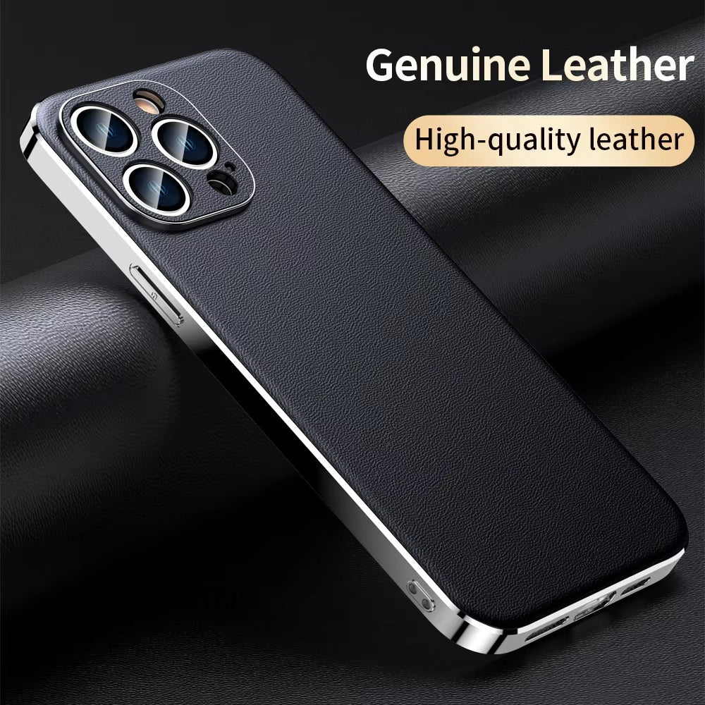 Premium iPhone Case Genuine Cowhide Leather Protective Cover Plating Frame Full Camera Lens Protection Shockproof TPU Edge Slim Durable Design