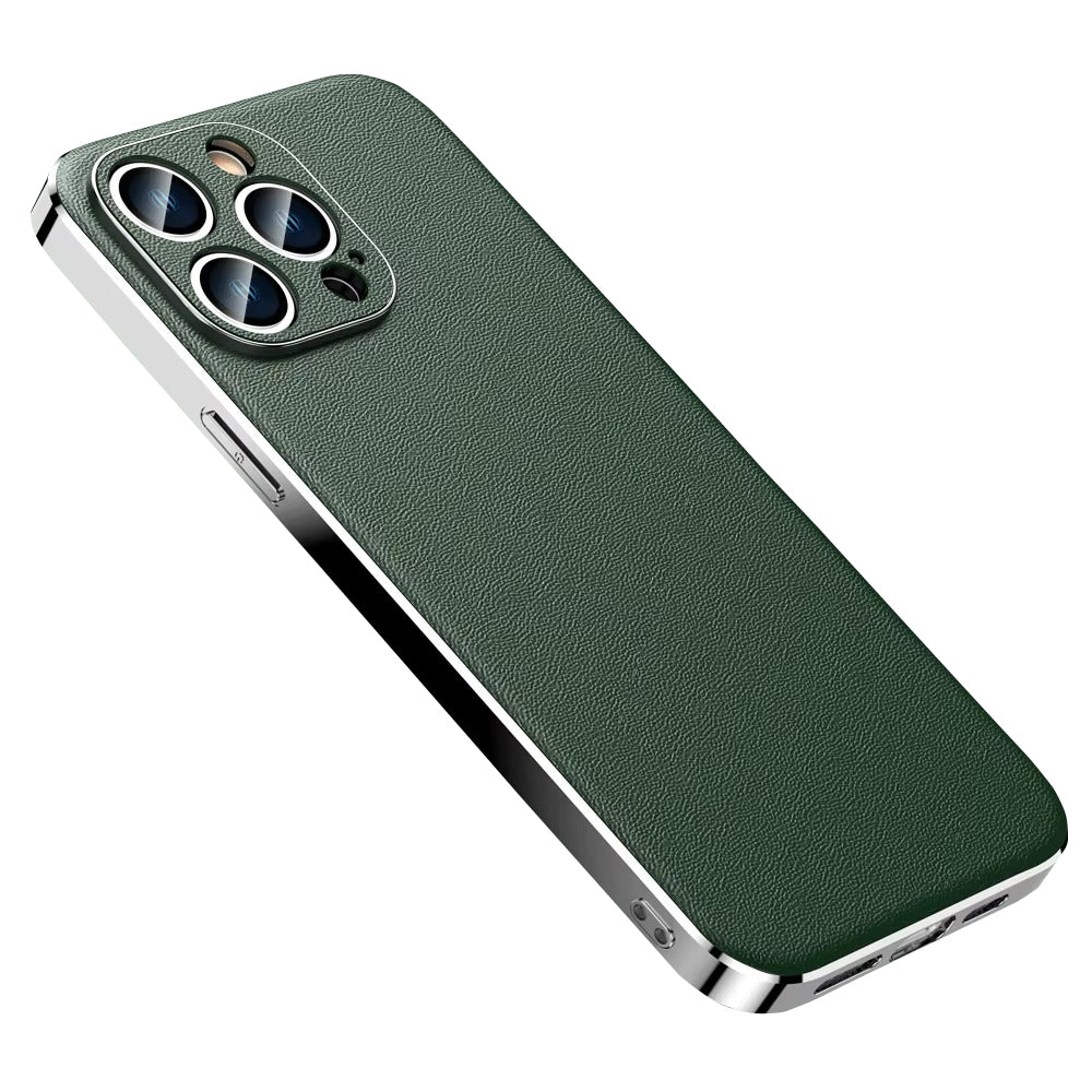 Premium iPhone Case Genuine Cowhide Leather Protective Cover Plating Frame Full Camera Lens Protection Shockproof TPU Edge Slim Durable Design