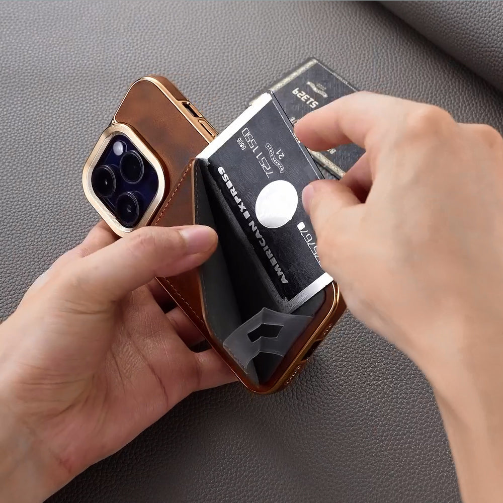Premium iPhone Case Genuine Cowhide Leather Wallet Cover Magnetic Card Holder Plating Frame Shockproof Protection Full Body Slim Design