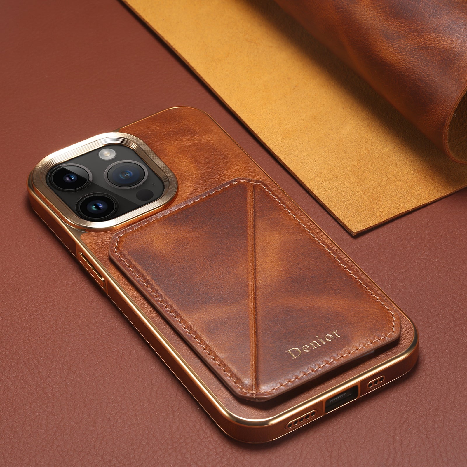 Premium iPhone Case Genuine Cowhide Leather Wallet Cover Magnetic Card Holder Plating Frame Shockproof Protection Full Body Slim Design
