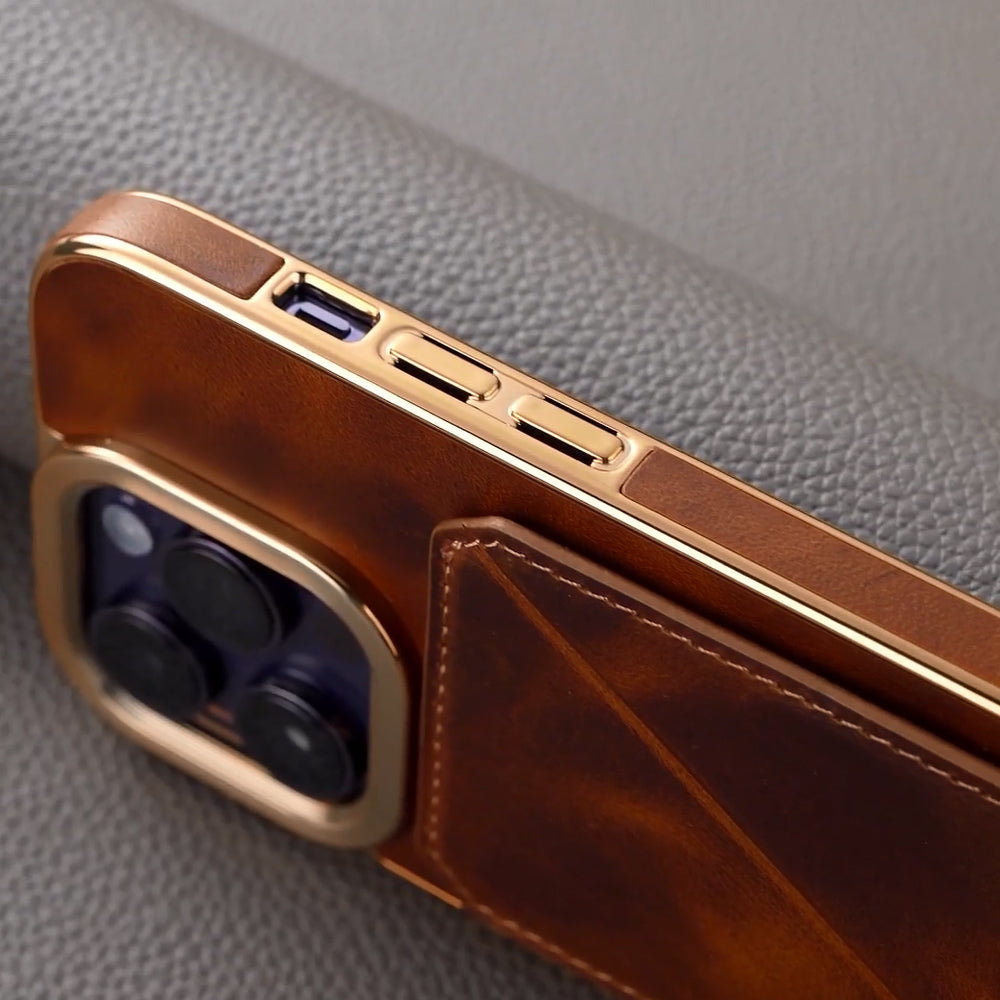 Premium iPhone Case Genuine Cowhide Leather Wallet Cover Magnetic Card Holder Plating Frame Shockproof Protection Full Body Slim Design