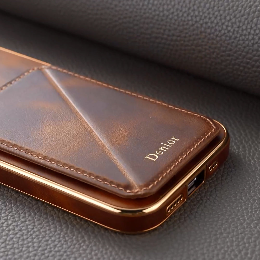 Premium iPhone Case Genuine Cowhide Leather Wallet Cover Magnetic Card Holder Plating Frame Shockproof Protection Full Body Slim Design