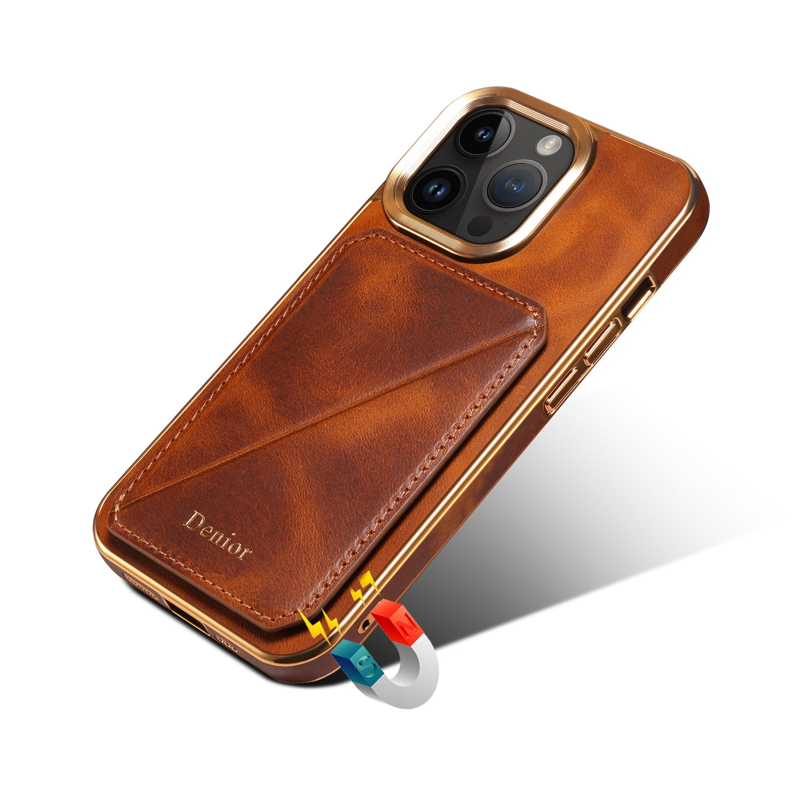 Premium iPhone Case Genuine Cowhide Leather Wallet Cover Magnetic Card Holder Plating Frame Shockproof Protection Full Body Slim Design