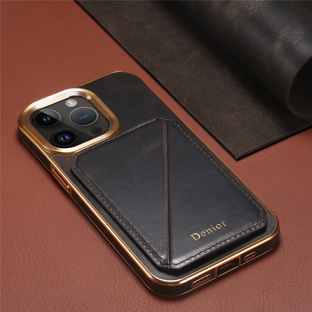 Premium iPhone Case Genuine Cowhide Leather Wallet Cover Magnetic Card Holder Plating Frame Shockproof Protection Full Body Slim Design