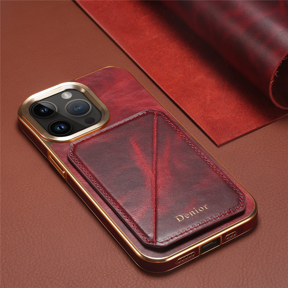 Premium iPhone Case Genuine Cowhide Leather Wallet Cover Magnetic Card Holder Plating Frame Shockproof Protection Full Body Slim Design