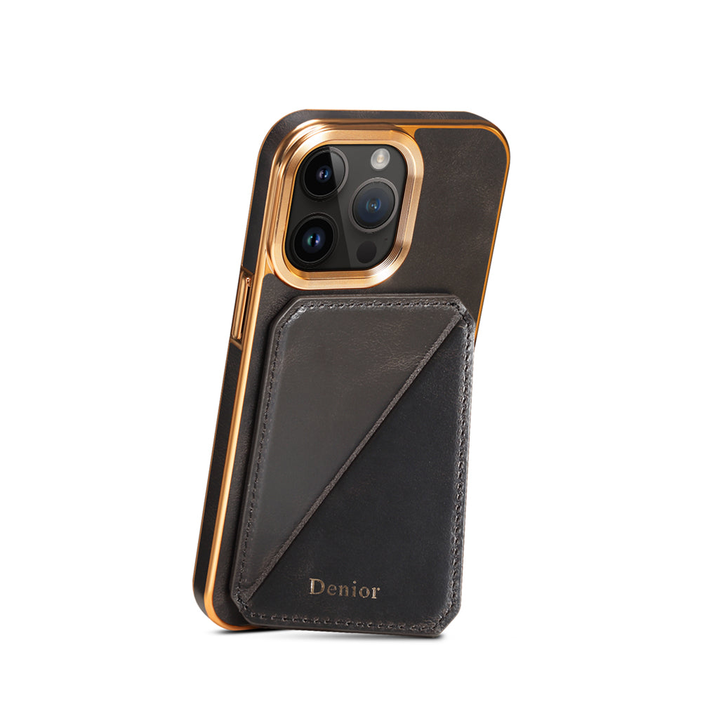 Premium iPhone Case Genuine Cowhide Leather Wallet Cover Magnetic Card Holder Plating Frame Shockproof Protection Full Body Slim Design