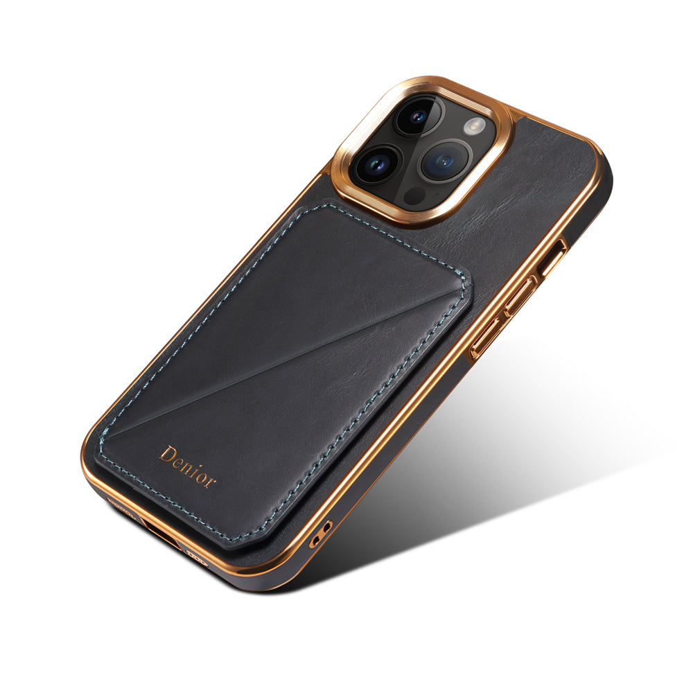Premium iPhone Case Genuine Cowhide Leather Wallet Cover Magnetic Card Holder Plating Frame Shockproof Protection Full Body Slim Design