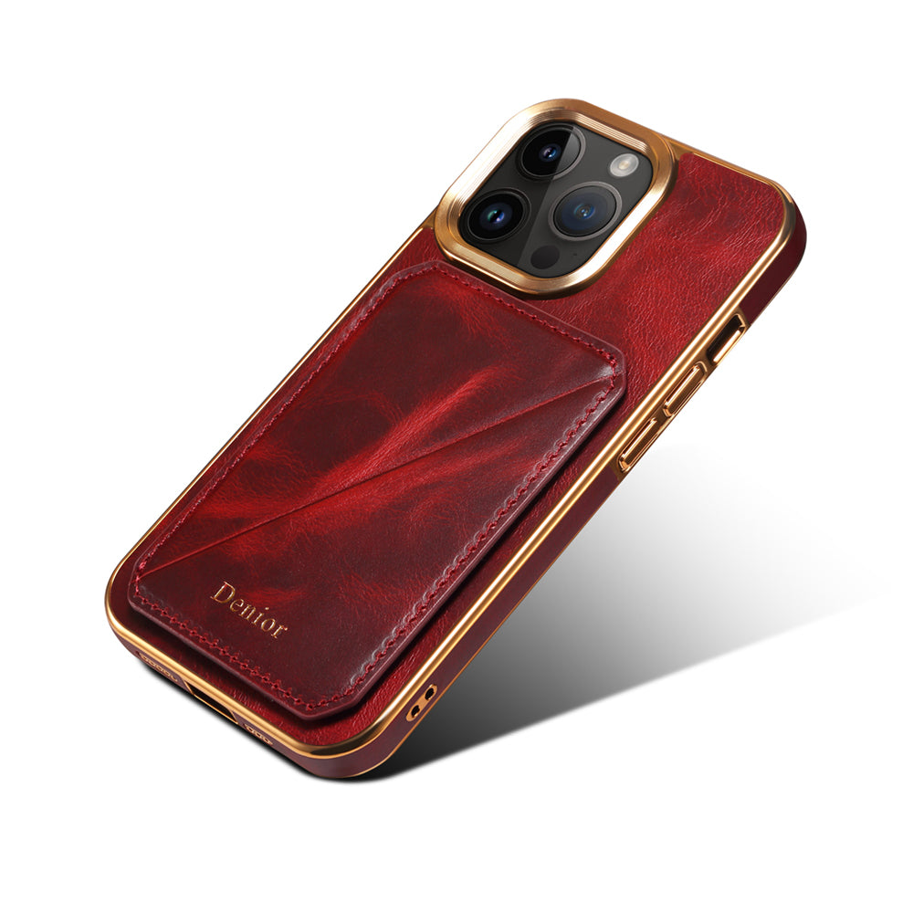 Premium iPhone Case Genuine Cowhide Leather Wallet Cover Magnetic Card Holder Plating Frame Shockproof Protection Full Body Slim Design