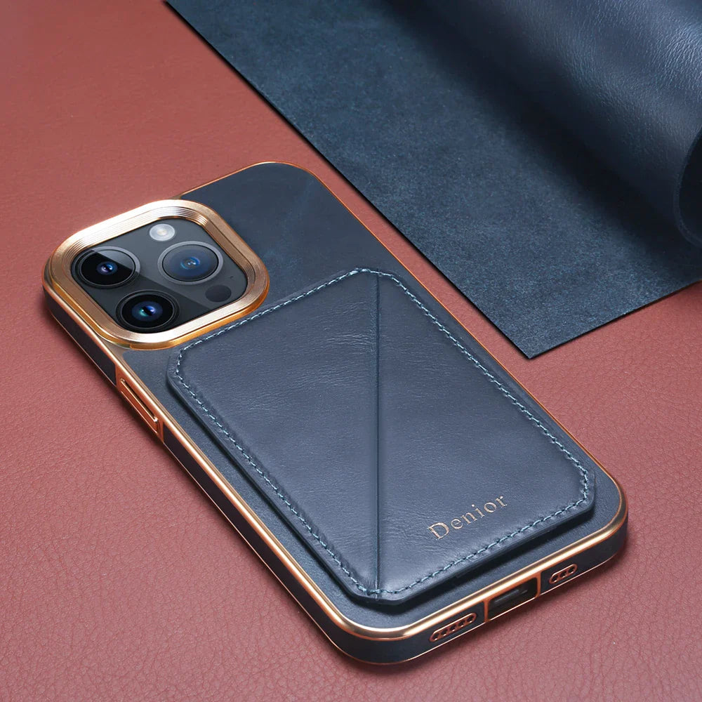 Premium iPhone Case Genuine Cowhide Leather Wallet Cover Magnetic Card Holder Plating Frame Shockproof Protection Full Body Slim Design