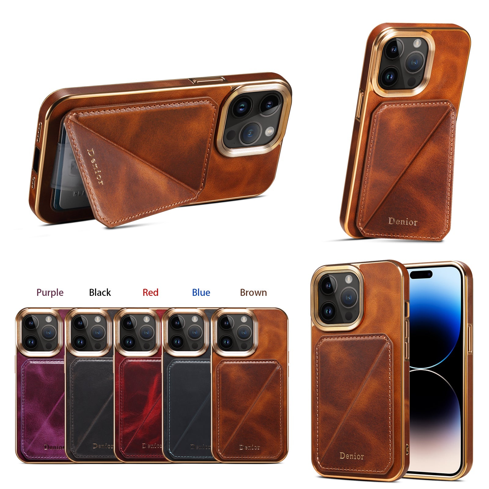 Premium iPhone Case Genuine Cowhide Leather Wallet Cover Magnetic Card Holder Plating Frame Shockproof Protection Full Body Slim Design