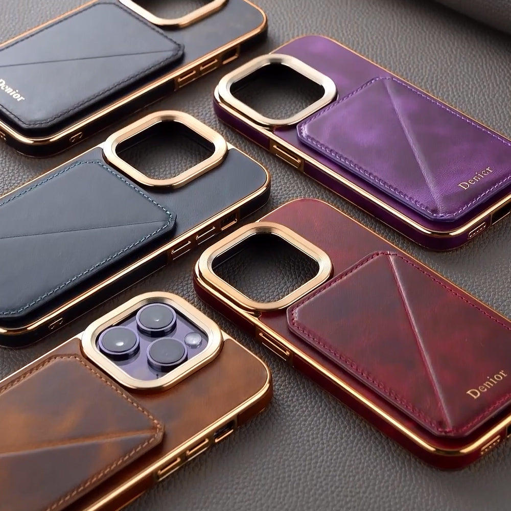 Premium iPhone Case Genuine Cowhide Leather Wallet Cover Magnetic Card Holder Plating Frame Shockproof Protection Full Body Slim Design