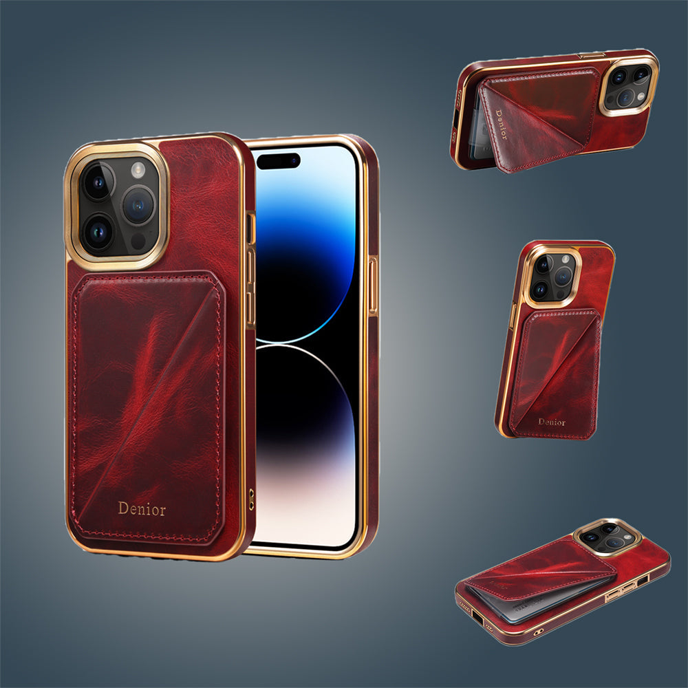 Premium iPhone Case Genuine Cowhide Leather Wallet Cover Magnetic Card Holder Plating Frame Shockproof Protection Full Body Slim Design