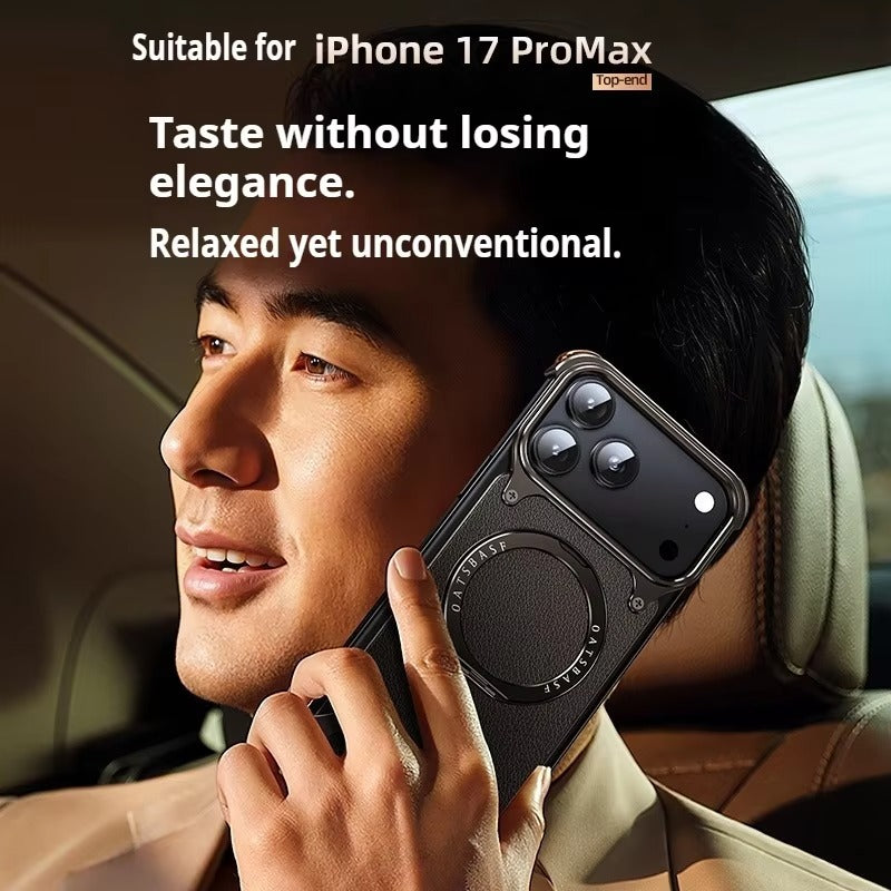 Premium iPhone Case Genuine Leather Magnetic Protective Cover MagSafe Compatible Frameless Design Rotating Stand Ring Shockproof Anti Drop Protection