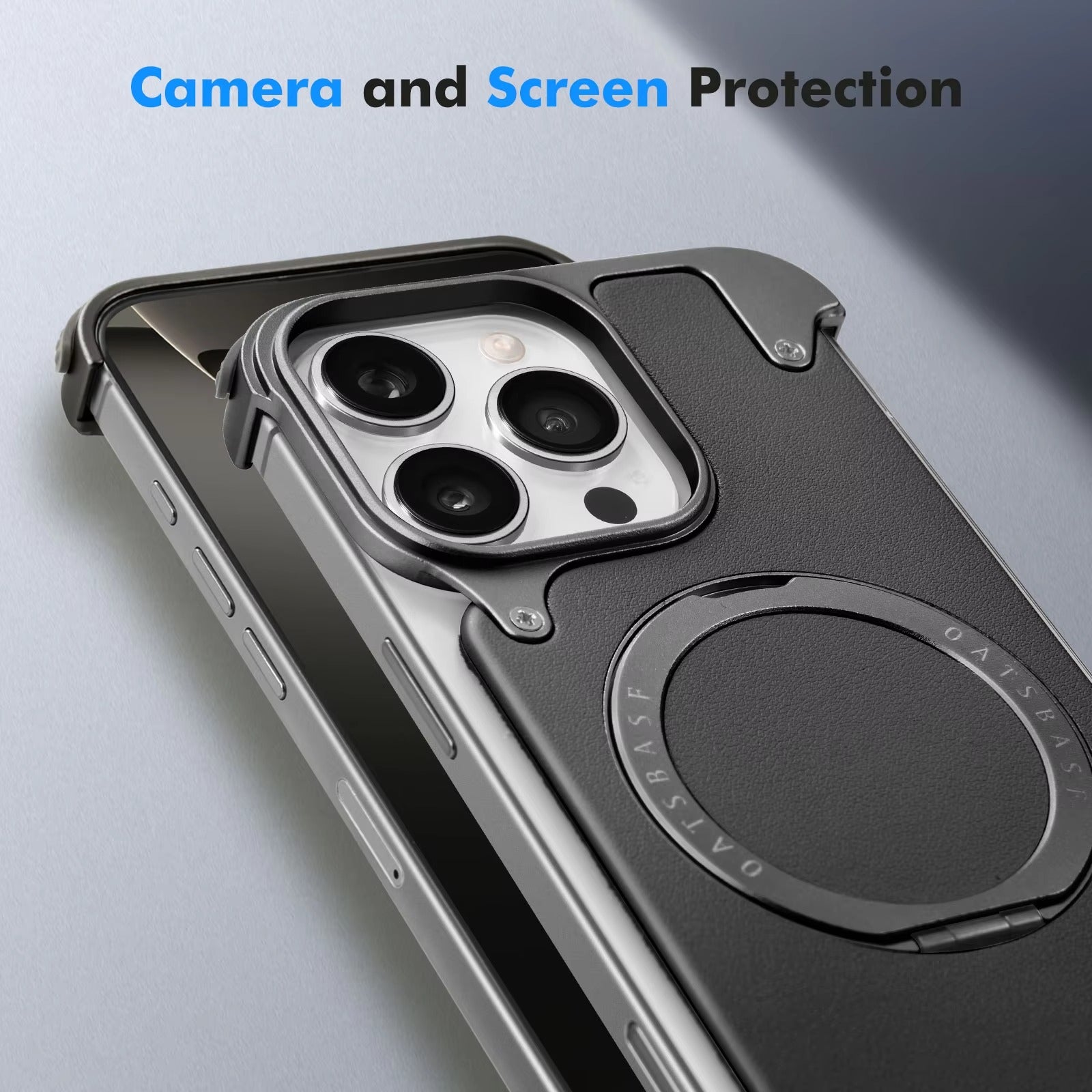 Premium iPhone Case Genuine Leather Magnetic Protective Cover MagSafe Compatible Frameless Design Rotating Stand Ring Shockproof Anti Drop Protection