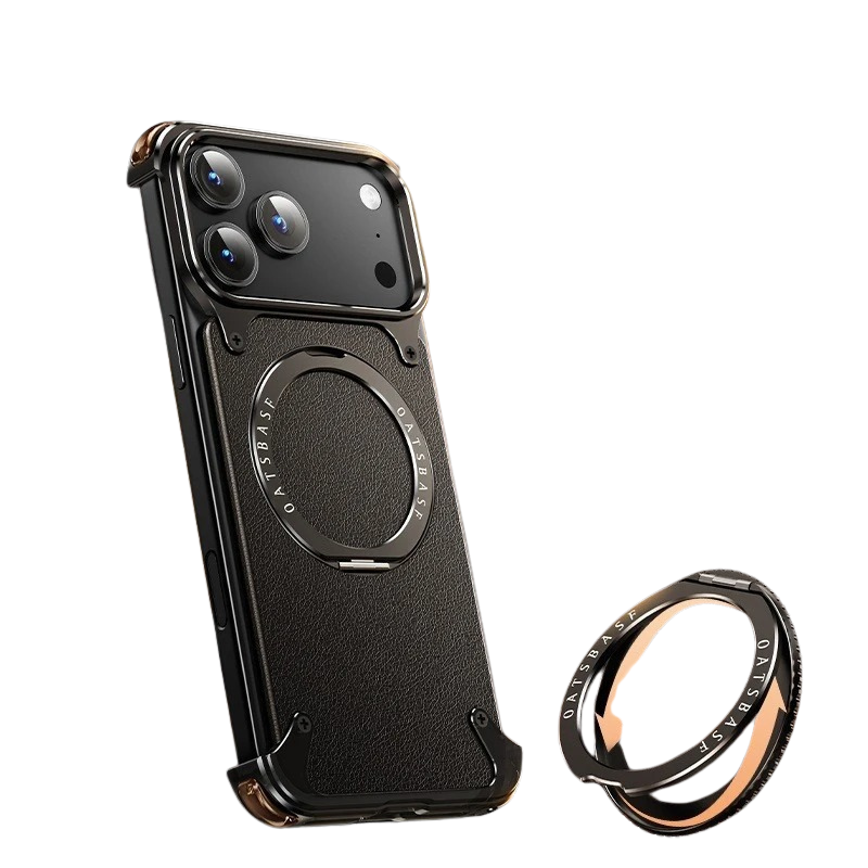 Premium iPhone Case Genuine Leather Magnetic Protective Cover MagSafe Compatible Frameless Design Rotating Stand Ring Shockproof Anti Drop Protection