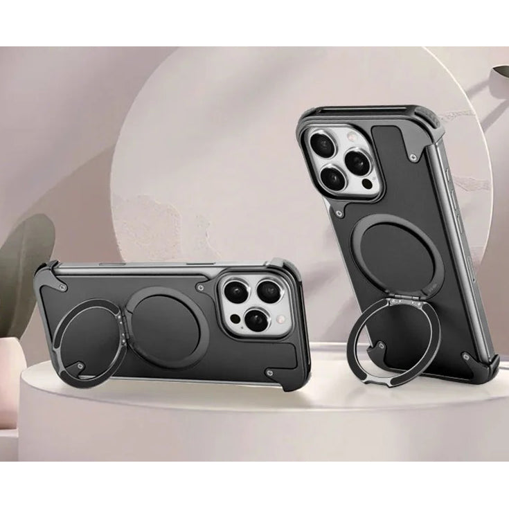 Premium iPhone Case Genuine Leather Magnetic Protective Cover MagSafe Compatible Frameless Design Rotating Stand Ring Shockproof Anti Drop Protection