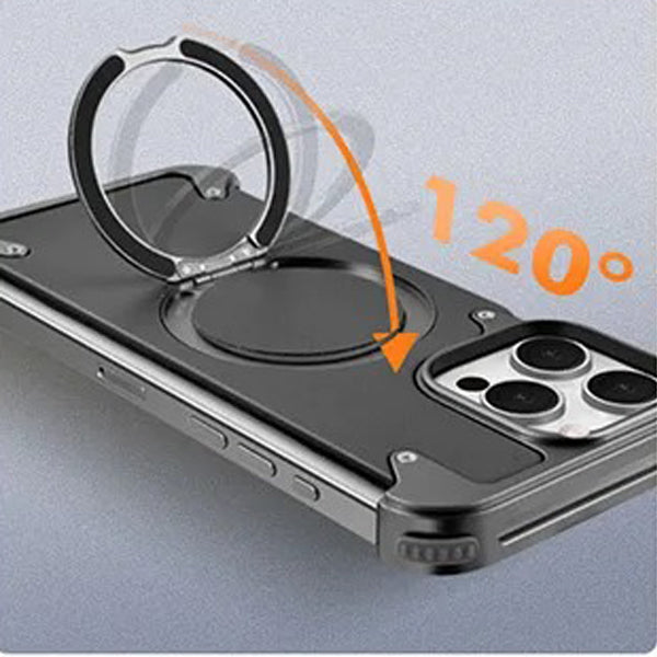 Premium iPhone Case Genuine Leather Magnetic Protective Cover MagSafe Compatible Frameless Design Rotating Stand Ring Shockproof Anti Drop Protection