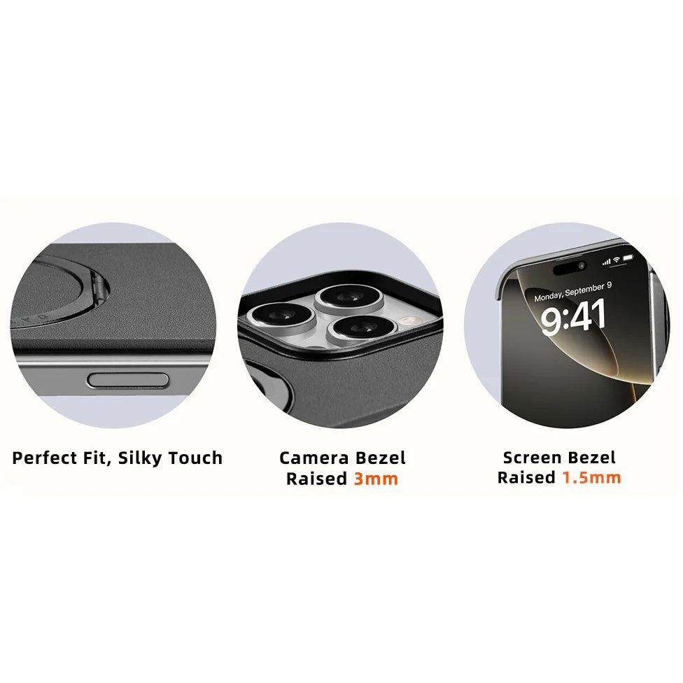 Premium iPhone Case Genuine Leather Magnetic Protective Cover MagSafe Compatible Frameless Design Rotating Stand Ring Shockproof Anti Drop Protection