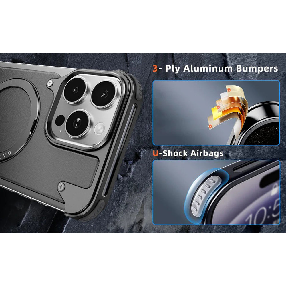Premium iPhone Case Genuine Leather Magnetic Protective Cover MagSafe Compatible Frameless Design Rotating Stand Ring Shockproof Anti Drop Protection