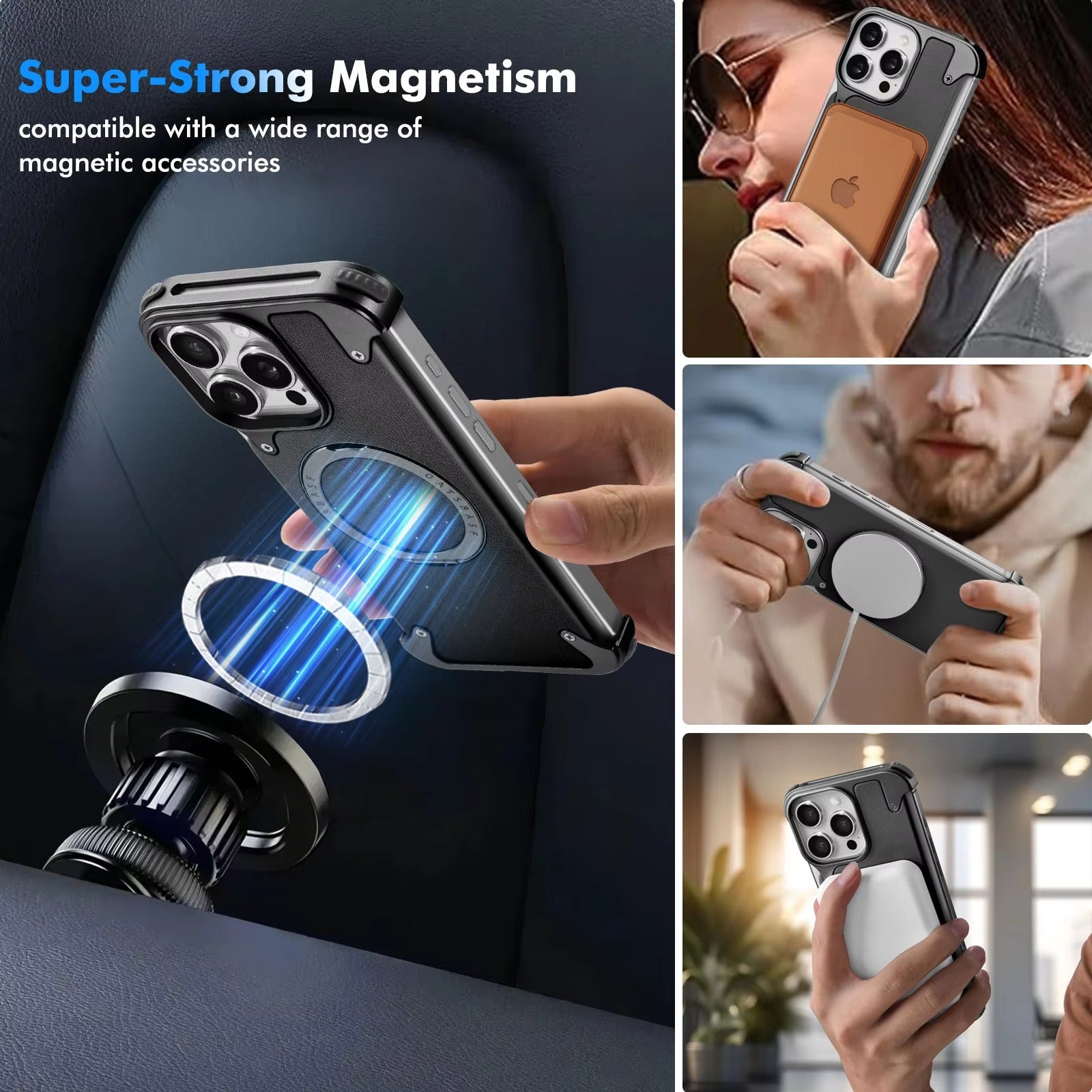 Premium iPhone Case Genuine Leather Magnetic Protective Cover MagSafe Compatible Frameless Design Rotating Stand Ring Shockproof Anti Drop Protection
