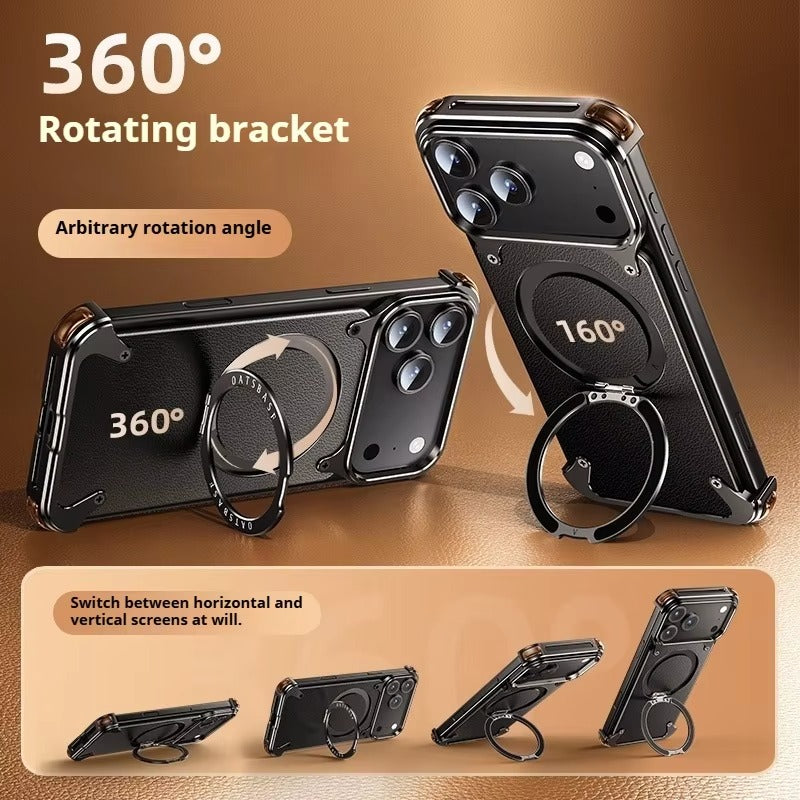 Premium iPhone Case Genuine Leather Magnetic Protective Cover MagSafe Compatible Frameless Design Rotating Stand Ring Shockproof Anti Drop Protection