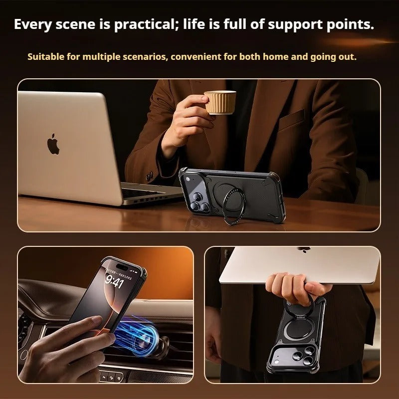 Premium iPhone Case Genuine Leather Magnetic Protective Cover MagSafe Compatible Frameless Design Rotating Stand Ring Shockproof Anti Drop Protection