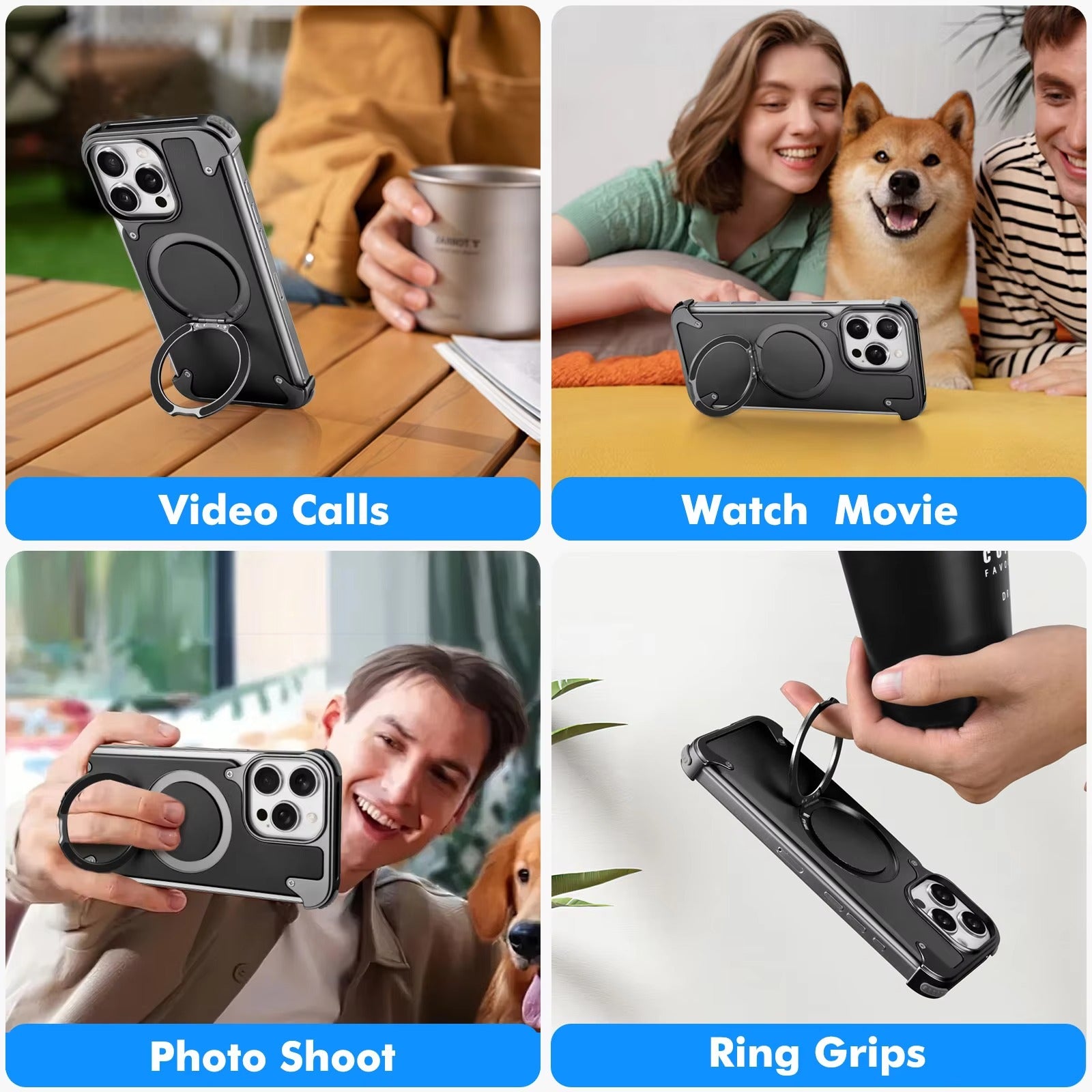 Premium iPhone Case Genuine Leather Magnetic Protective Cover MagSafe Compatible Frameless Design Rotating Stand Ring Shockproof Anti Drop Protection