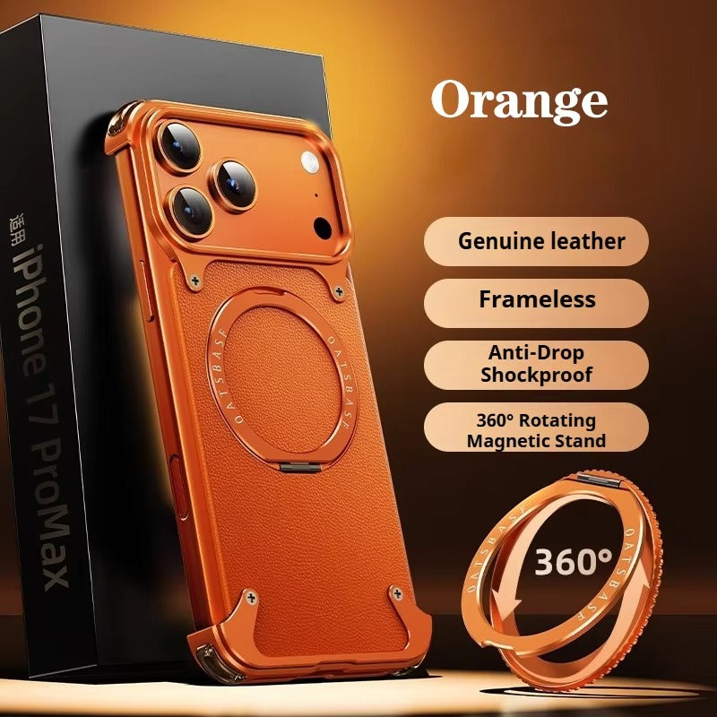 Premium iPhone Case Genuine Leather Magnetic Protective Cover MagSafe Compatible Frameless Design Rotating Stand Ring Shockproof Anti Drop Protection