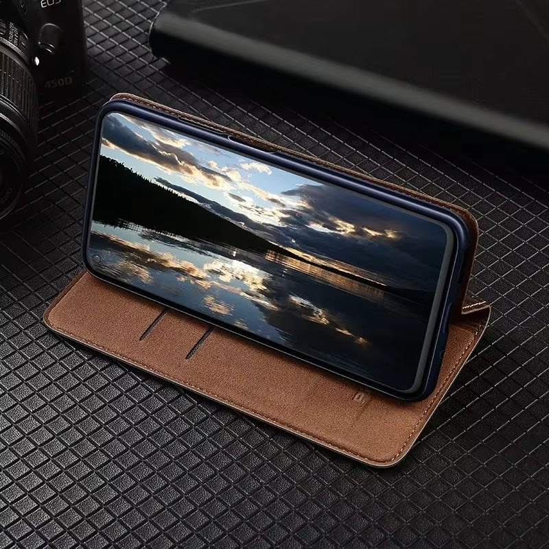 Premium iPhone Case Genuine Nappa Leather Wallet Flip Cover Card Holder Magnetic Closure Shockproof Protection Full Body Slim Business Design