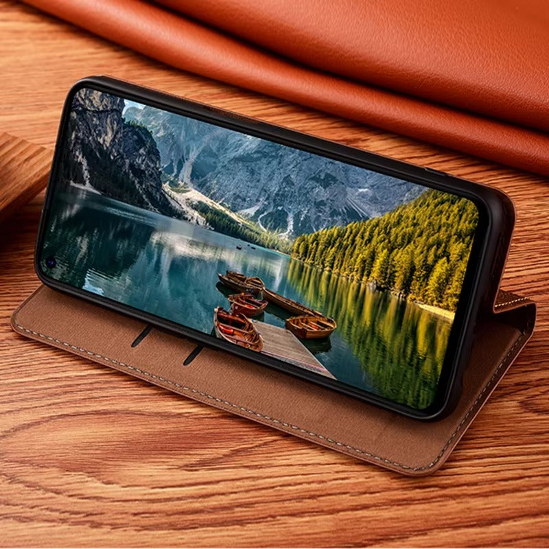 Premium iPhone Case Genuine Nappa Leather Wallet Flip Cover Card Holder Magnetic Closure Shockproof Protection Full Body Slim Business Design
