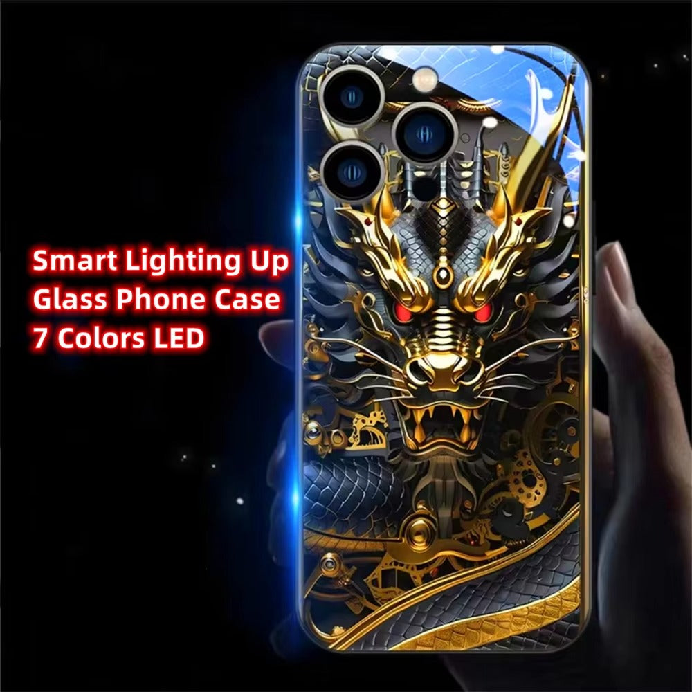 Premium iPhone Case LED Luminous Protective Cover Golden Dragon Design Sound Reactive Tempered Glass Back Shockproof TPU Frame Ultra Thin Full Protection
