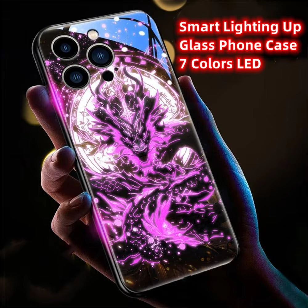 Premium iPhone Case LED Luminous Protective Cover Golden Dragon Design Sound Reactive Tempered Glass Back Shockproof TPU Frame Ultra Thin Full Protection