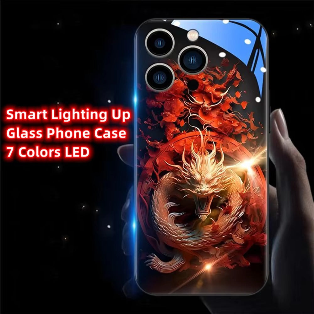 Premium iPhone Case LED Luminous Protective Cover Golden Dragon Design Sound Reactive Tempered Glass Back Shockproof TPU Frame Ultra Thin Full Protection