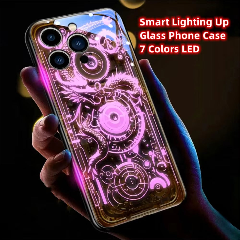 Premium iPhone Case LED Luminous Protective Cover Golden Dragon Design Sound Reactive Tempered Glass Back Shockproof TPU Frame Ultra Thin Full Protection