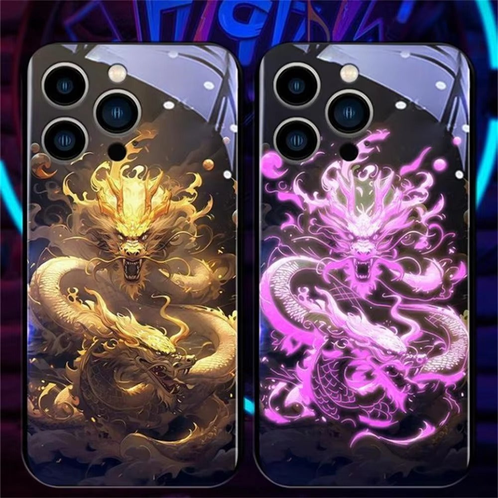 Premium iPhone Case LED Luminous Protective Cover Golden Dragon Design Sound Reactive Tempered Glass Back Shockproof TPU Frame Ultra Thin Full Protection