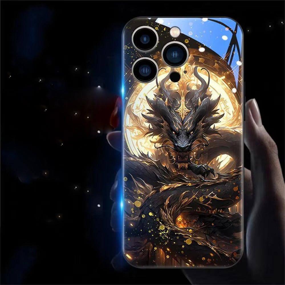Premium iPhone Case LED Luminous Protective Cover Golden Dragon Design Sound Reactive Tempered Glass Back Shockproof TPU Frame Ultra Thin Full Protection