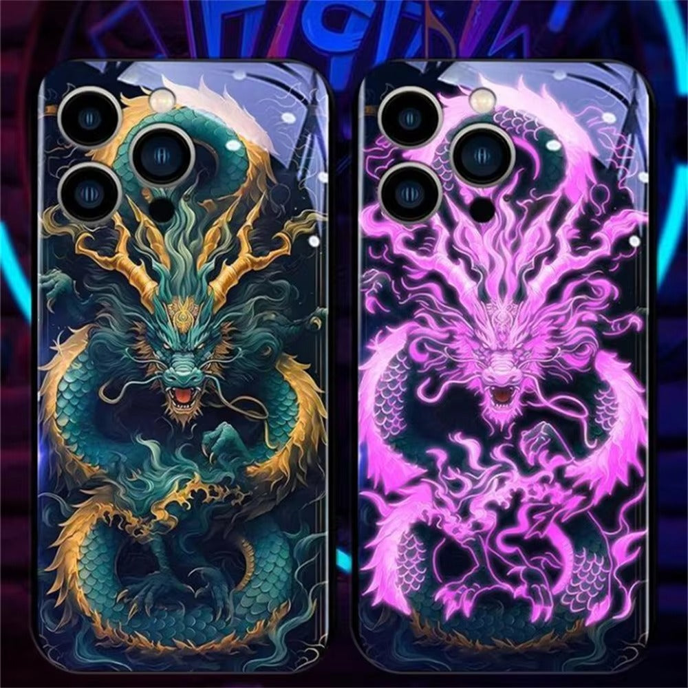Premium iPhone Case LED Luminous Protective Cover Golden Dragon Design Sound Reactive Tempered Glass Back Shockproof TPU Frame Ultra Thin Full Protection
