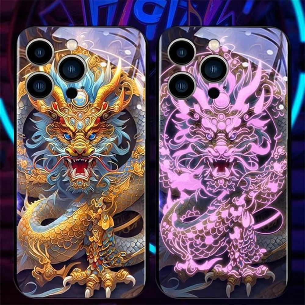 Premium iPhone Case LED Luminous Protective Cover Golden Dragon Design Sound Reactive Tempered Glass Back Shockproof TPU Frame Ultra Thin Full Protection