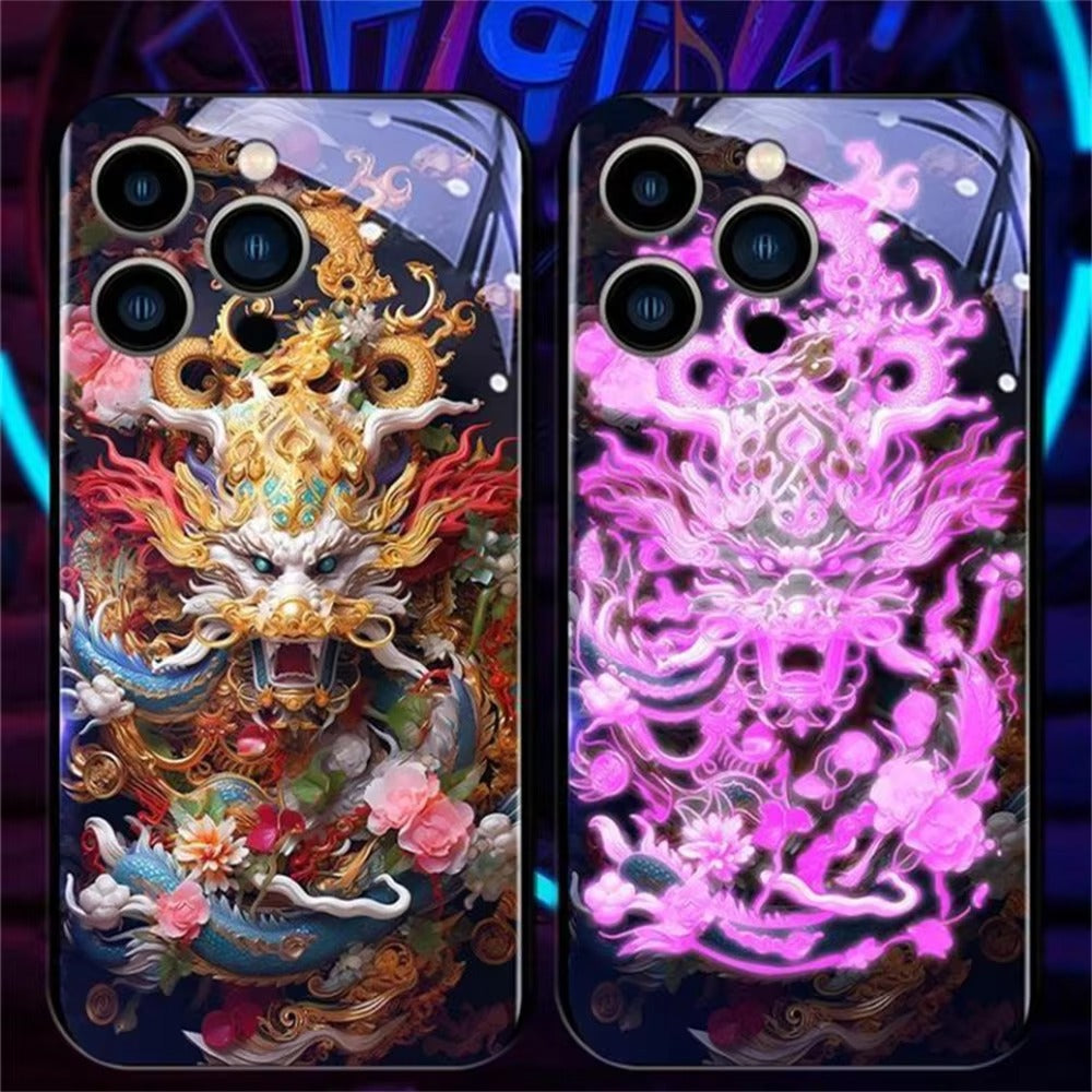 Premium iPhone Case LED Luminous Protective Cover Golden Dragon Design Sound Reactive Tempered Glass Back Shockproof TPU Frame Ultra Thin Full Protection