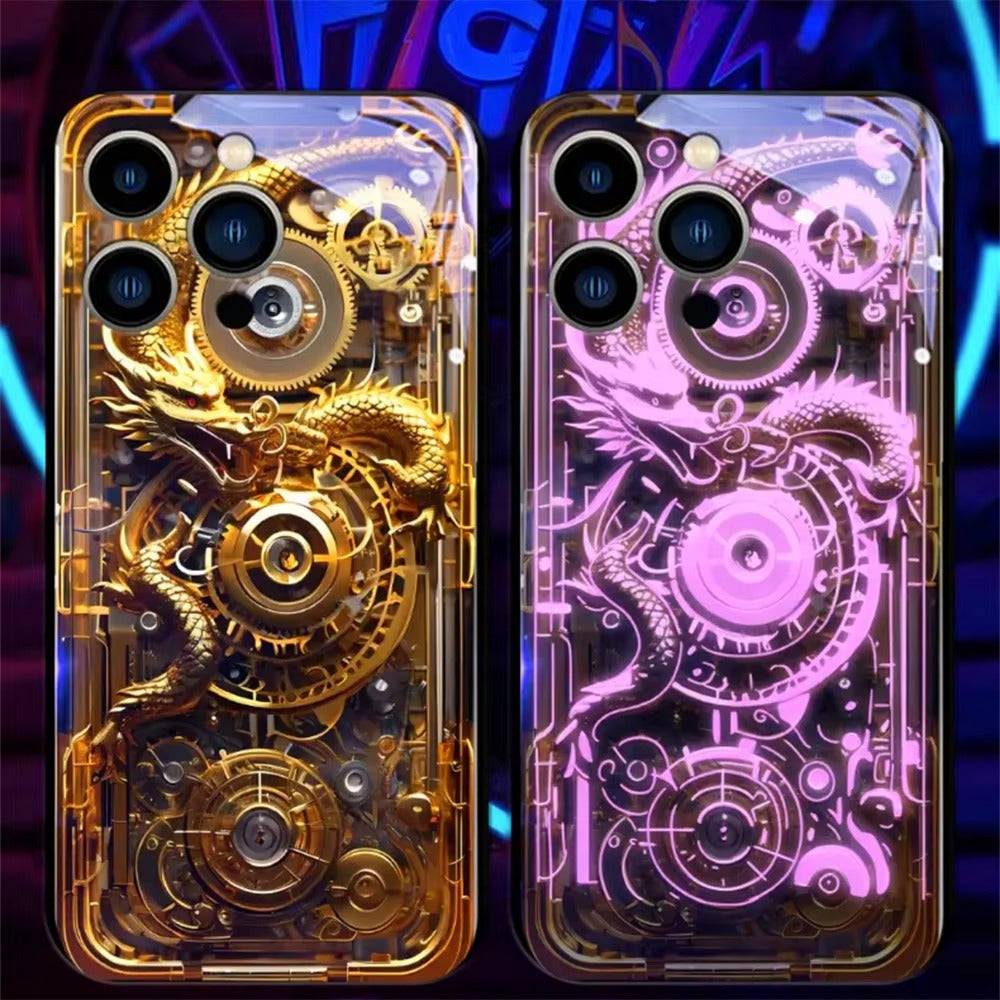 Premium iPhone Case LED Luminous Protective Cover Golden Dragon Design Sound Reactive Tempered Glass Back Shockproof TPU Frame Ultra Thin Full Protection