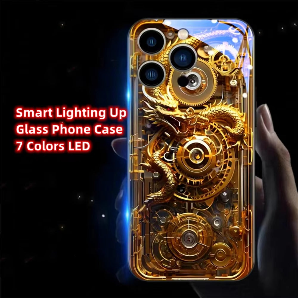 Premium iPhone Case LED Luminous Protective Cover Golden Dragon Design Sound Reactive Tempered Glass Back Shockproof TPU Frame Ultra Thin Full Protection