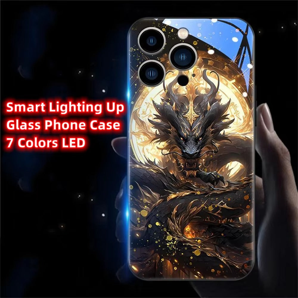 Premium iPhone Case LED Luminous Protective Cover Golden Dragon Design Sound Reactive Tempered Glass Back Shockproof TPU Frame Ultra Thin Full Protection