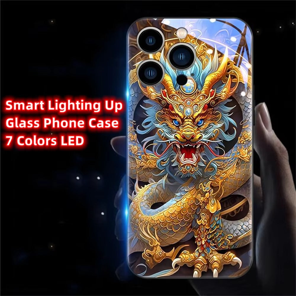 Premium iPhone Case LED Luminous Protective Cover Golden Dragon Design Sound Reactive Tempered Glass Back Shockproof TPU Frame Ultra Thin Full Protection