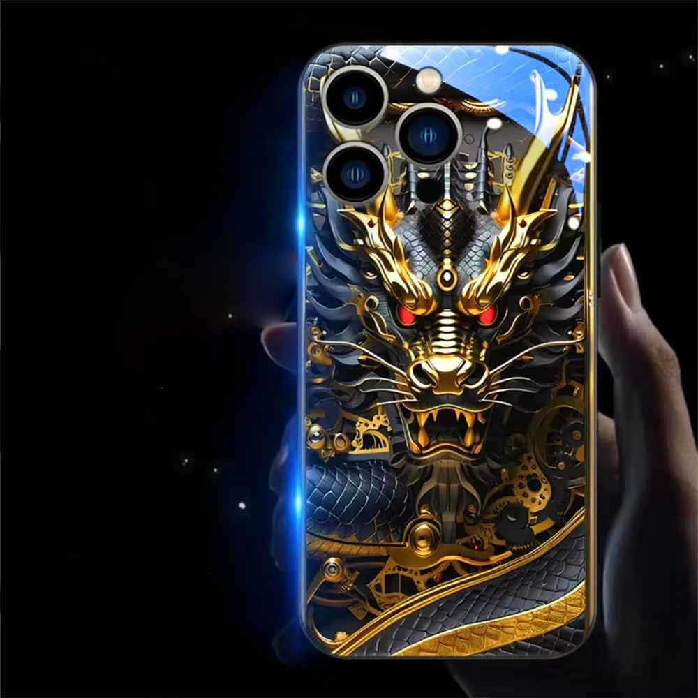 Premium iPhone Case LED Luminous Protective Cover Golden Dragon Design Sound Reactive Tempered Glass Back Shockproof TPU Frame Ultra Thin Full Protection