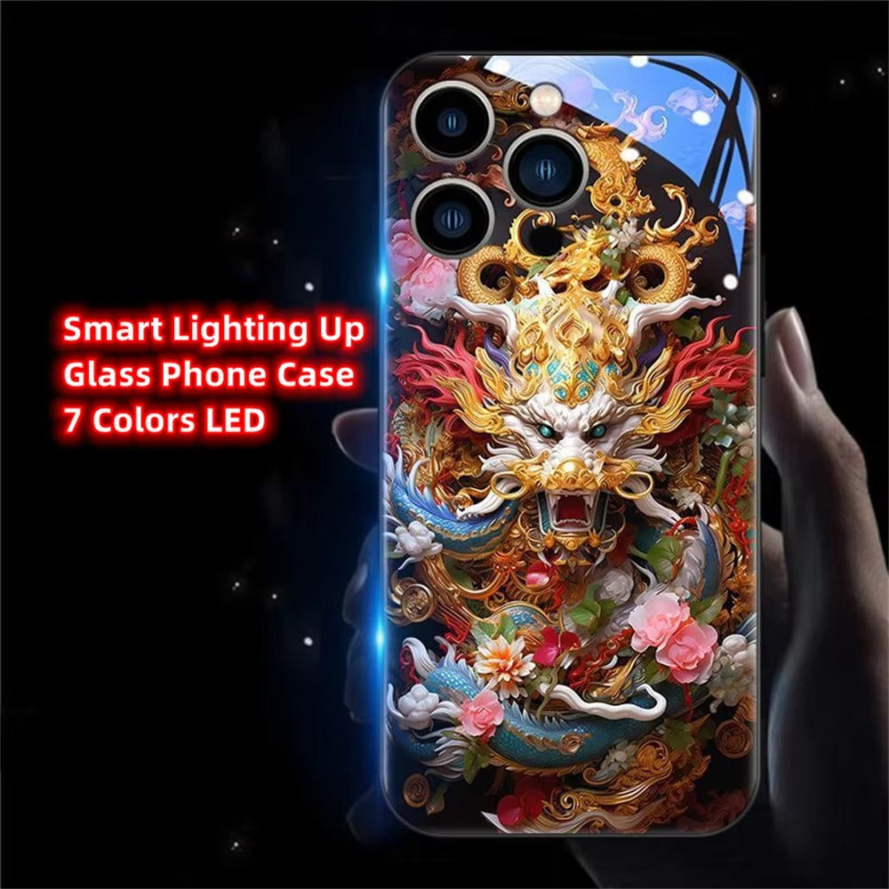 Premium iPhone Case LED Luminous Protective Cover Golden Dragon Design Sound Reactive Tempered Glass Back Shockproof TPU Frame Ultra Thin Full Protection